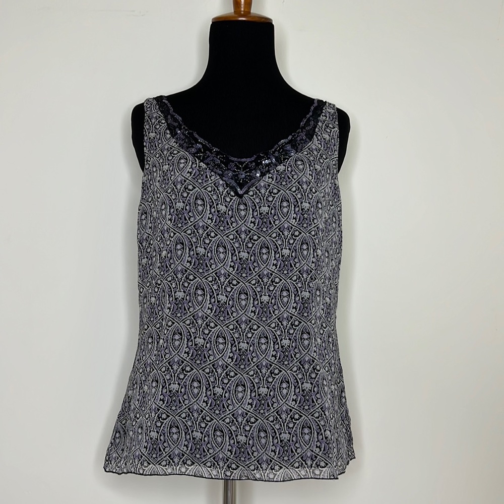 NINE WEST Purple Black Print Silk Sequin Embezzled Sleeveless Top 4